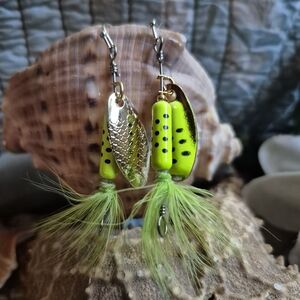 Gold and Yellow Fishing Lure  Feather Earrings